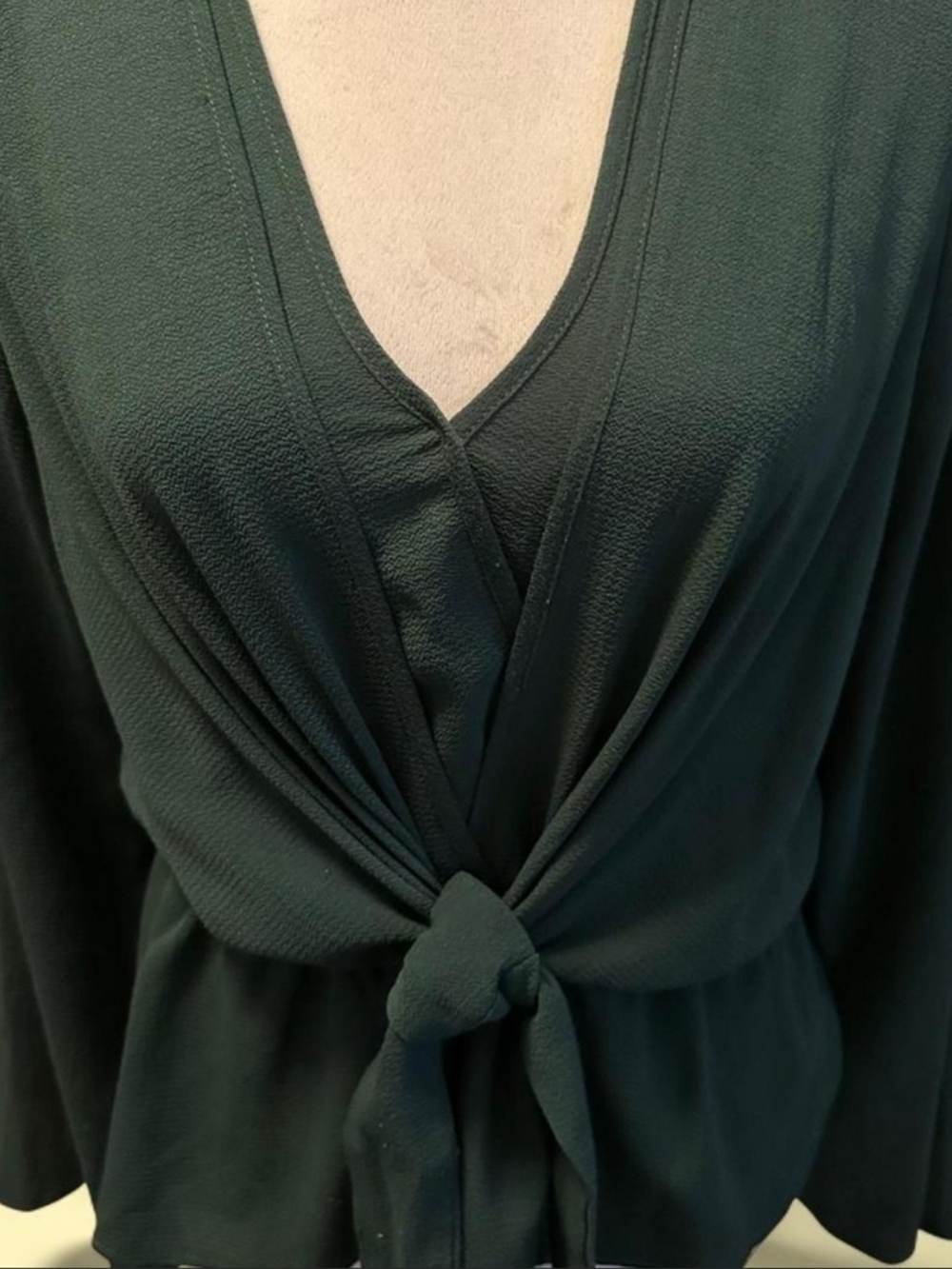 Source Unknown Deep Green V-Neck Tie-Front Blouse